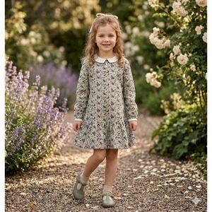 Ditsy Floral Drop Waist Dress Sz 7 Peter Pan Collar Tiered Ruffle Hem Cottagecor